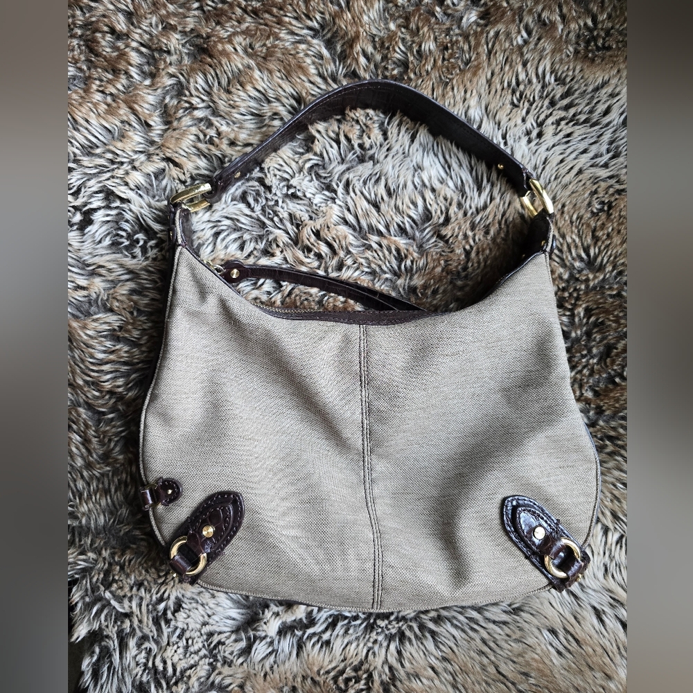 Cole Haan Paige Fabric H06 Taupe & Brown Leather Trim Hobo Hand Shoulder Bag Y2K